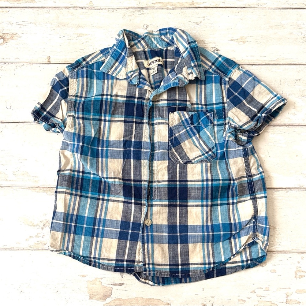 Cherokee 4/5 Boys Blue Plaid Button Up Shirt Short Sleeves Kids 4T 5T